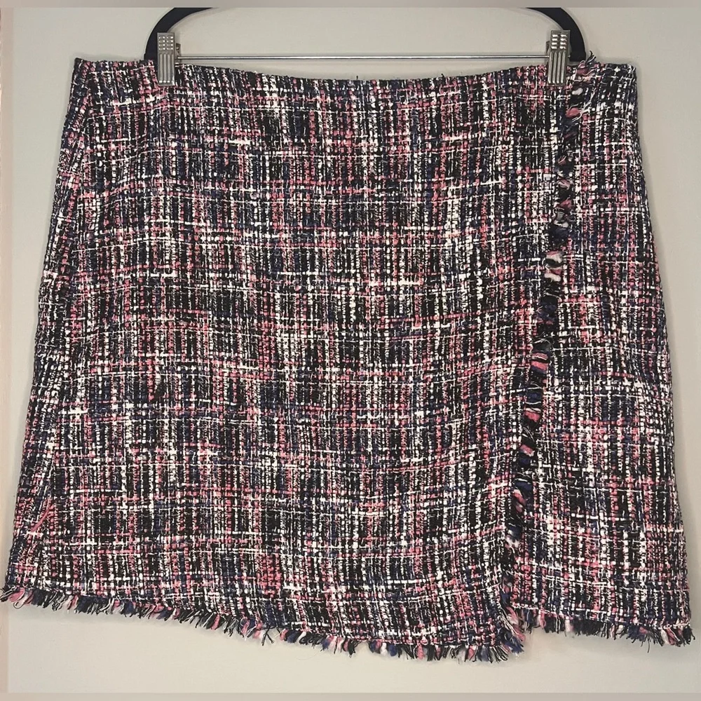 LOFT Tweed Faux-Wrap Tweed Mini‎ Skirt Black White Blue Pink Marled Size 18